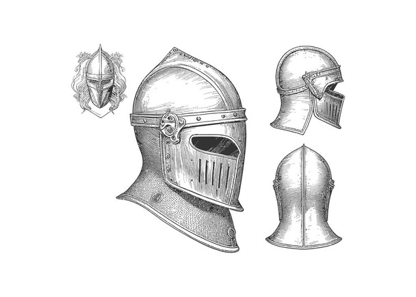 Knight helmet sketch hand drawn in engraving styl - Vector, Image
