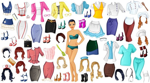 Career 2 Paper Doll with Nurse, Teacher, Waitress, Doctor, Politician and Housekeeper Outfits, Hairstyles and Accessories. Vector Illustration - Vector, Image