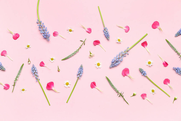 Composition with beautiful Muscari flowers and petals on pink background - Foto, imagen