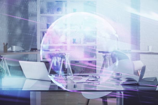 Double exposure of tech theme drawings and office interior background. Technology concept. - Foto, Imagen