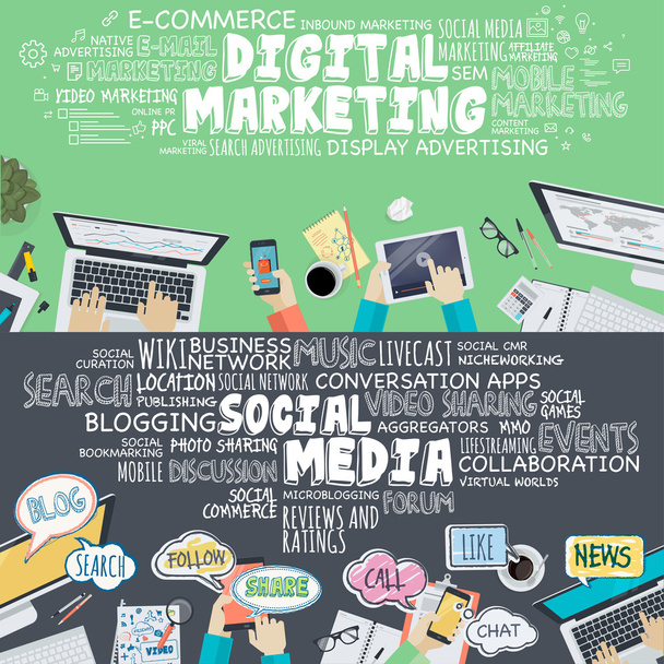 Σύνολο εννοιών εικονογράφηση επίπεδη σχεδίαση για την ψηφιακή μάρκετινγκ και κοινωνική μέσα μαζικής ενημέρωσης - Διάνυσμα, εικόνα