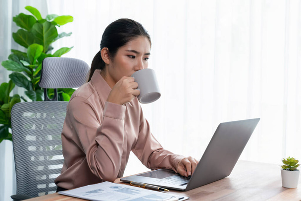 Молодая азиатская энтузиастка, работающая за современным офисным столом, пьющая кофе, когда усердно работает над своим ноутбуком, представляет профессионального и привлекательного офисного работника в своем рабочем пространстве. - Фото, изображение
