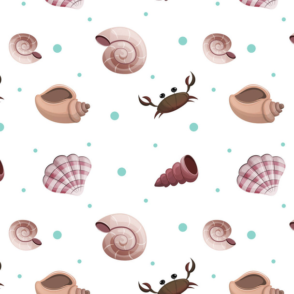 Seamless pattern on the theme of sea and summer. Seashell pattern on a white background. - Vector, imagen