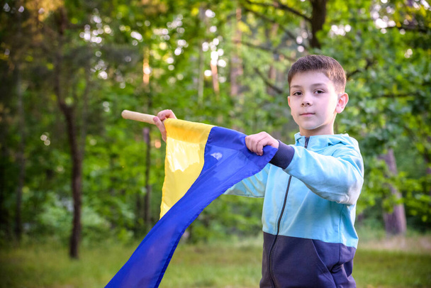 Ukrainian boy with waving flag and praying to stop the war in Ukraine in a field at sunset. War of Russia against Ukraine. Stop War. - Photo, image