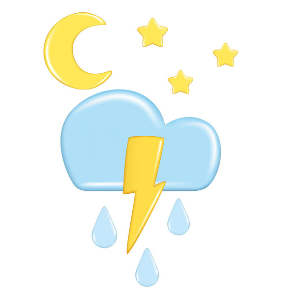 Realistic 3d design of weather forecast elements, icon symbol, meteorology. Decorative cute 3d golden Moon, star, lightning and blue cloud, rain. Vector illustration isolated on a white background - Vettoriali, immagini