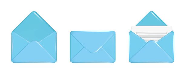 Реалістичний 3d синій запечатаний поштовий конверт, відкритий поштовий конверт та поштовий аркуш паперу. Декоративний 3d елемент поштової літери, іконка пошти, поштовий символ. Векторні ілюстрації ізольовані на білому тлі
 - Вектор, зображення
