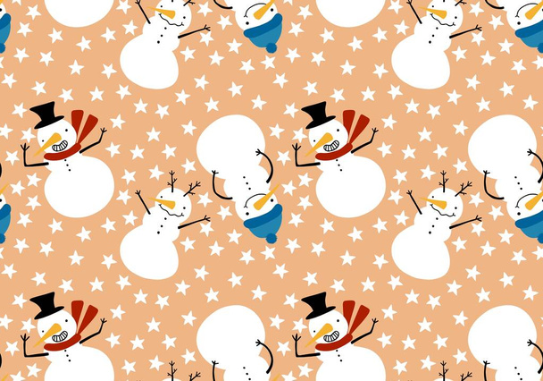 Christmas cartoon snowman seamless snowflakes and penguin and gifts box and candy and socks and gloves pattern for wrapping paper and kids print and festive packaging. High quality illustration - Foto, immagini