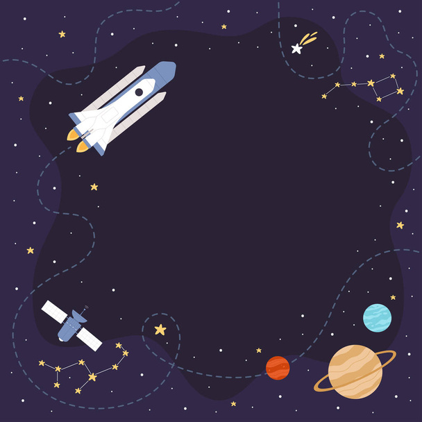 Space exploration square vector illustration. Cartoon spaceship flying in night sky to explore galaxy along route line, blue cosmos background with constellation pattern, planets solar system stars - ベクター画像