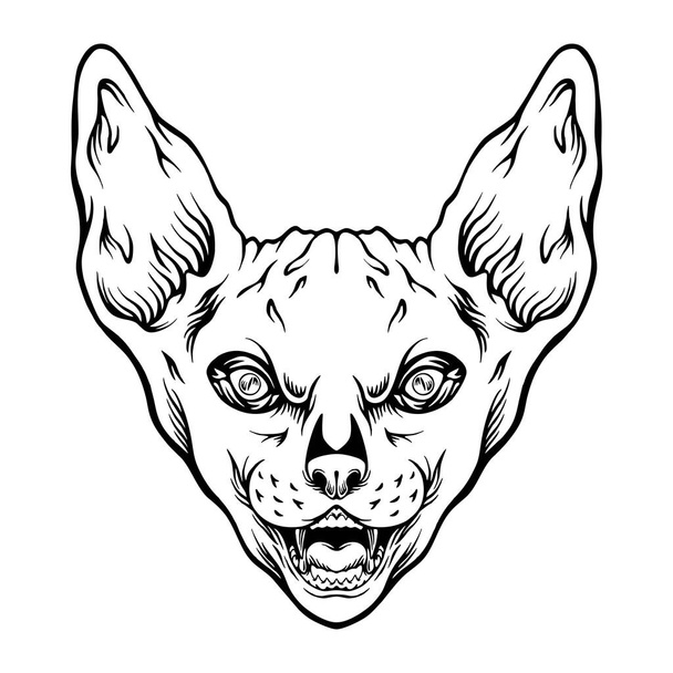 Zabawne wąsy sfinksowa głowa kota z wesołym wyrażeniem monochromatyczne wektorowe ilustracje do logo pracy, koszulki towarów, naklejki i wzory etykiet, plakat, kartki okolicznościowe reklamowe firmy lub marek - Wektor, obraz