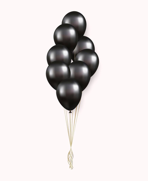 3d реалистичный черный с днем рождения воздушные шары, летящие для вечеринки и торжеств. иллюстрация для открытки, вечеринки, флаера, плаката, декора, баннера, интернета, рекламы. 3D рендеринг. Векторная иллюстрация - Вектор,изображение