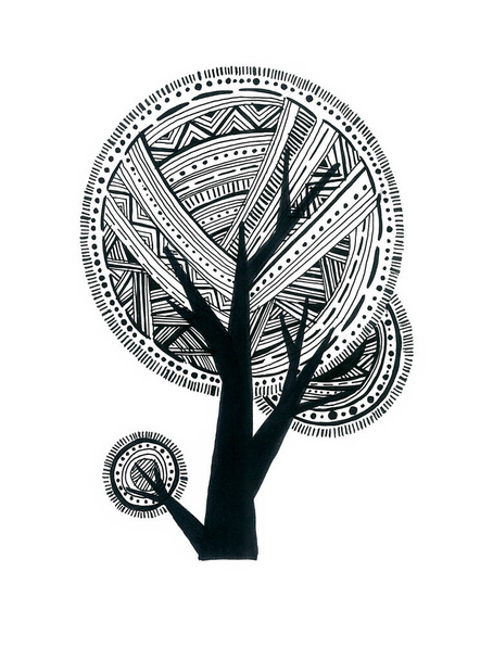 Decorative tree stylized with an ornament. Geometric shapes. Lines, strokes, zigzags, dots, circles. Black outline isolated on white background. Doodle. - Zdjęcie, obraz