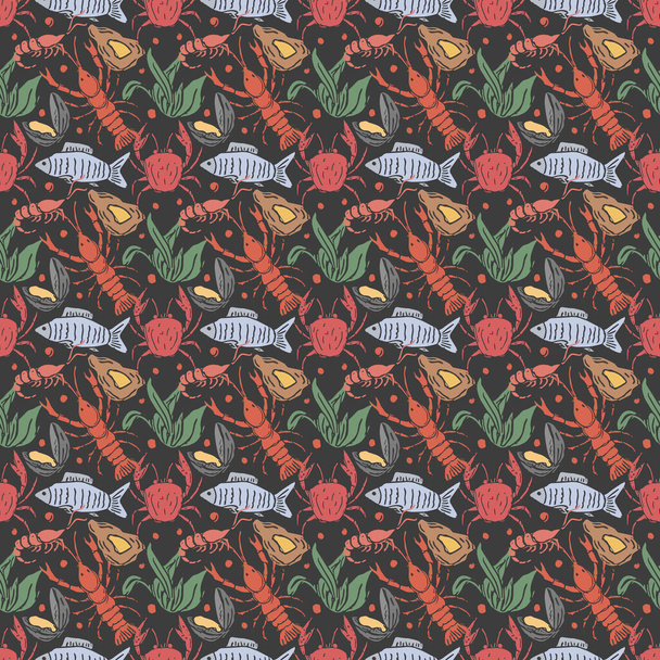 Farbige Meeresfrüchte Muster. Gezeichnete Meeresfrüchte Hintergrund - Vektor, Bild