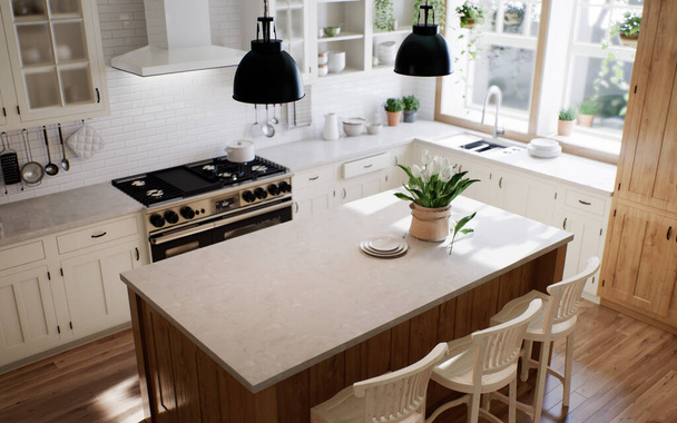 Το εσωτερικό μιας μεγάλης κουζίνας σχήματος U με ξύλινη πρόσοψη και ένα μεγάλο νησί. Κομψό, ζεστή κουζίνα με συσκευές και φυτά με ακτίνες του ήλιου. Θέα από το ταβάνι στην κουζίνα. 3d  - Φωτογραφία, εικόνα