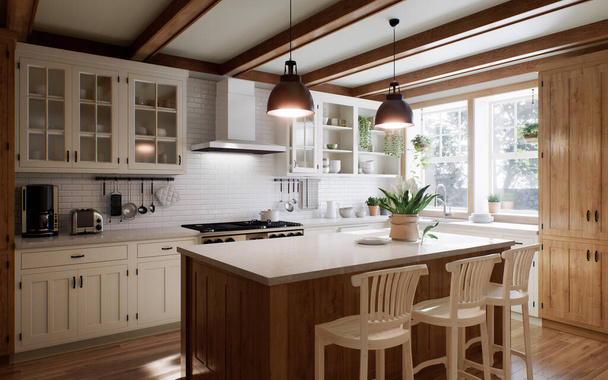 Das Innere einer großen U-förmigen Küche mit einer Holzfront und einer großen Insel. Stilvolle, gemütliche Küche mit Geräten und Pflanzen mit Sonnenstrahlen. 3D-Darstellung - Foto, Bild