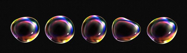 3d iridescent fluid glass spectrum foam vector. Realistic transparent soap bubble with dreamy neon rainbow light texture. Shampoo or powder abstract blow object icon. Clear soapy detergent air sphere - Вектор, зображення