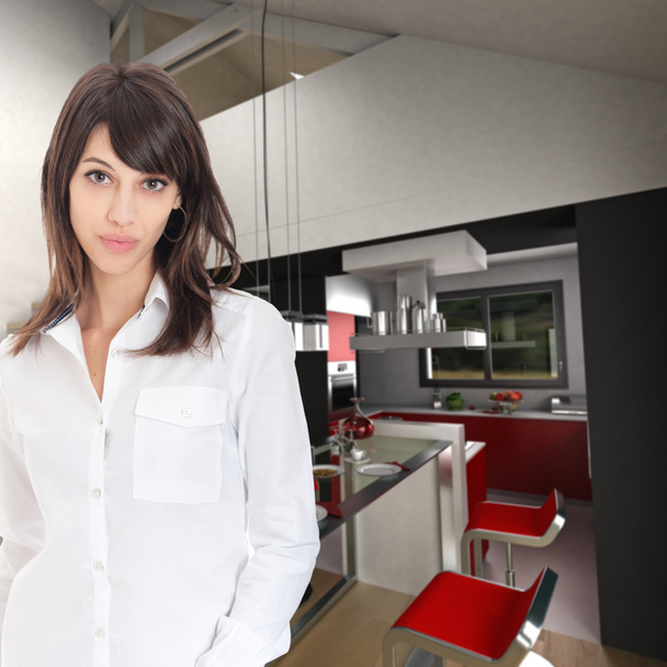 Young woman in open kitchen - Zdjęcie, obraz