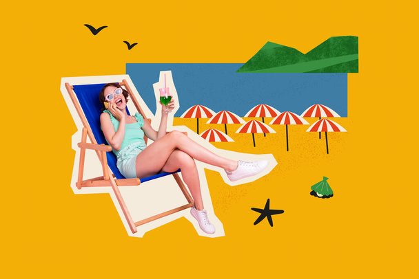 Drawing image poster banner collage of excited lady enjoying her summer season vacation speaking with friend on cell smart gadget. - Valokuva, kuva