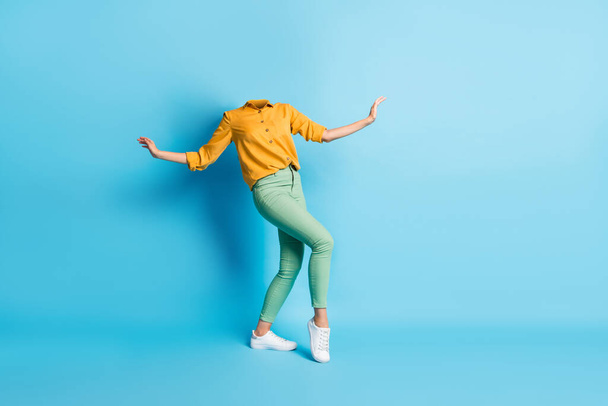 Creative abstract composite photo template collage of unusual weird headless woman dancing enjoy music isolated on blue color background. - 写真・画像