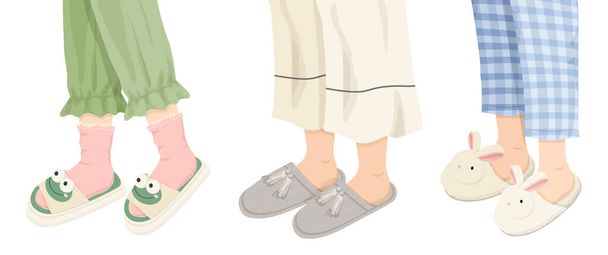 Conjunto de pijamas y zapatillas. Hombres y mujeres en zapatos y ropa de casa. Comodidad y calidez. Moda casual y ropa de moda. Dibujos animados colección vector plano aislado sobre fondo blanco - Vector, Imagen