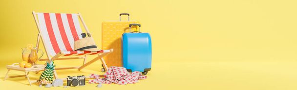 Żółto-niebieska walizka z krzesłem plażowym i akcesoriami podróżnymi na żółtym tle. Koncepcja podróży letniej., Model 3D i ilustracja. - Zdjęcie, obraz