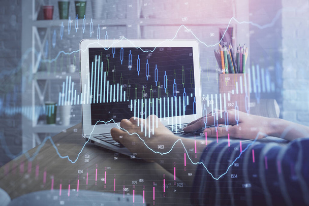 Double exposure of woman hands typing on computer and forex chart hologram drawing. Stock market invest concept. - Zdjęcie, obraz