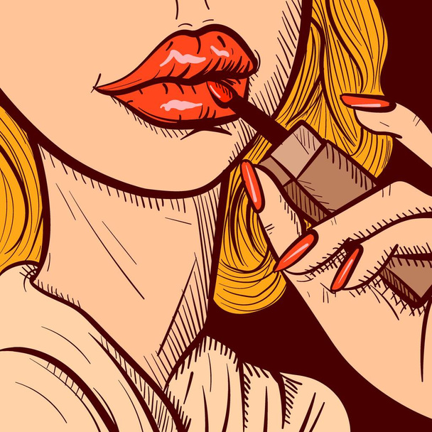 Illustrazione della mano di una donna bionda che si applica il rossetto sulle labbra. Primo piano vettore di una ragazza che indossa lucidalabbra. - Vettoriali, immagini
