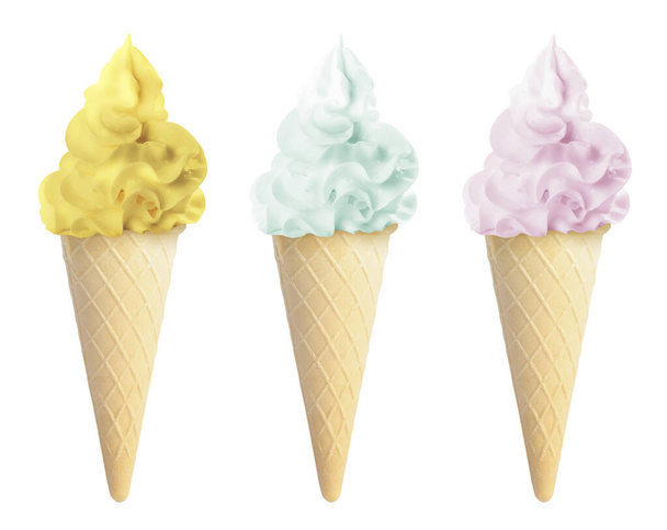Ice cream in different flavors isolated on white. Soft serve - 写真・画像