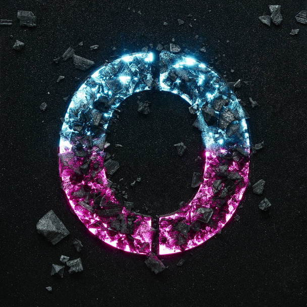 High quality photo of neon colored capital letter on a black textured background with black stones. - Foto, imagen