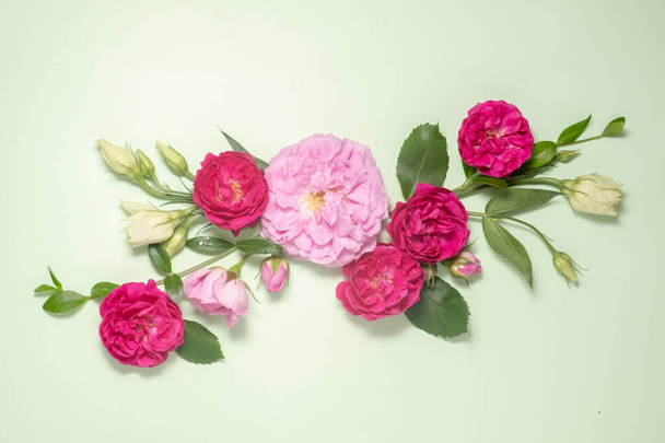 bloemen lay-out van roze rozen en eustoma op een zachte groene achtergrond. Bovenaanzicht. Lente of zomer bloemen feestelijke achtergrond met kopieerruimte. - Foto, afbeelding