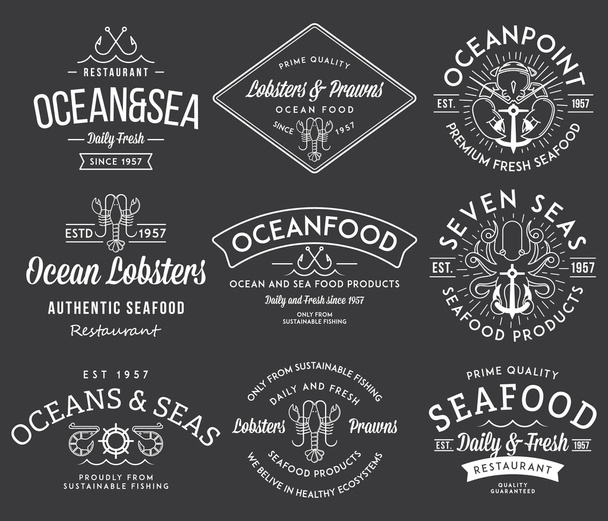 Seafood labels and badges vol. 3 white on black - Διάνυσμα, εικόνα