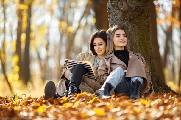 Dwie piękne przyjaciółki spędzają razem czas. Dwie młode uśmiechnięte siostry siedzące obok drzewa i czytające książkę. Brunetka i blondynki w płaszczach. - Zdjęcie, obraz