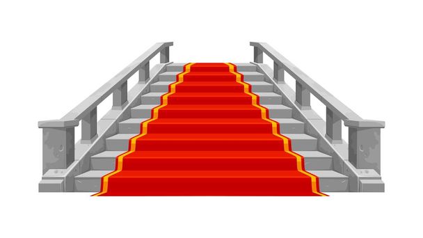 Castle and palace staircase. Stone stair with red carpet. Theater ladder, royal palace marble staircase or museum hallway interior element, palace ballroom vector stairway with red carpet and baluster - Vector, Image