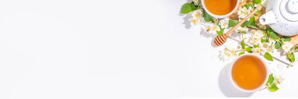 Οργανικό φυτικό υγιεινό ποτό. Λουλούδια γιασεμί πράσινο τσάι, σε άσπρες κούπες, με τσαγιέρα, σε λευκό τραπέζι, με ανθισμένα άνθη γιασεμιού  - Φωτογραφία, εικόνα