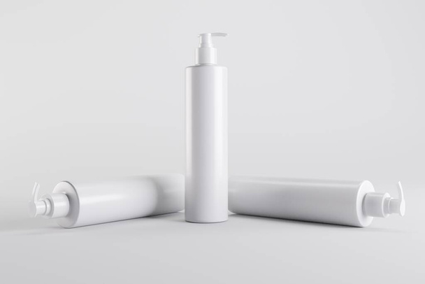 White Cosmetic Shampoo Dispenser Bottles 3D Illustration - Valokuva, kuva