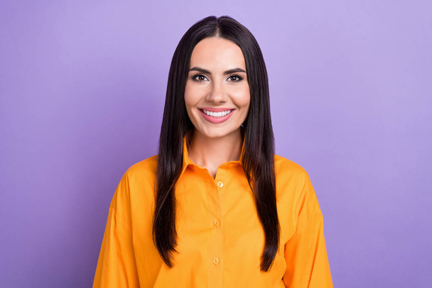 Photo of young woman professional office employer wear stylish shirt model best mcdonalds worker isolated on violet color background. - Valokuva, kuva