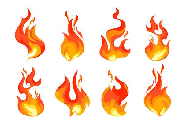 Fire flame, set. Hot flaming elements. Bonfire. Decorative elements. Icons, vector - Vector, Image