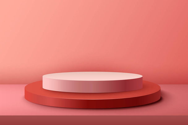 要旨3Dリアルな赤とピンクの空の円形の表彰台。製品表示のための最小限のシーン。授賞式のコンセプト。円筒形の表彰台を持つ抽象的なシーン。幾何形状プラットフォーム - ベクター画像