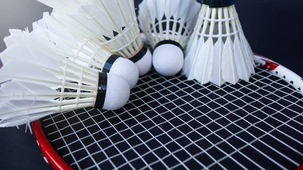 Pollas de bádminton obturador fueron puestos en la raqueta con fondo oscuro                                - Foto, Imagen