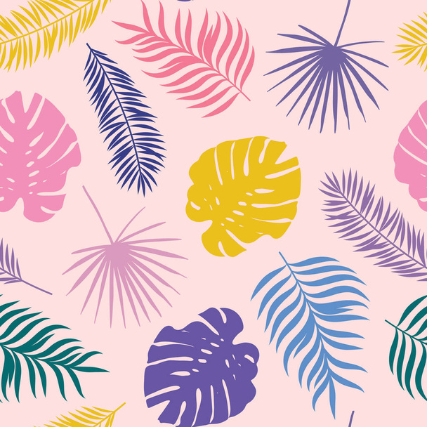 Kolorowe tło wektora z rozrzuconymi sylwetkami liści, tropikalny bezszwowy wzór na lato - Wektor, obraz