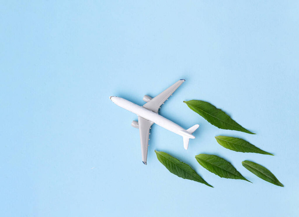 Udržitelné letecké palivo. Modelka bílého letadla, čerstvé zelené listy na modrém pozadí. Čistá a zelená energie, biopaliva pro letecký průmysl. - Fotografie, Obrázek