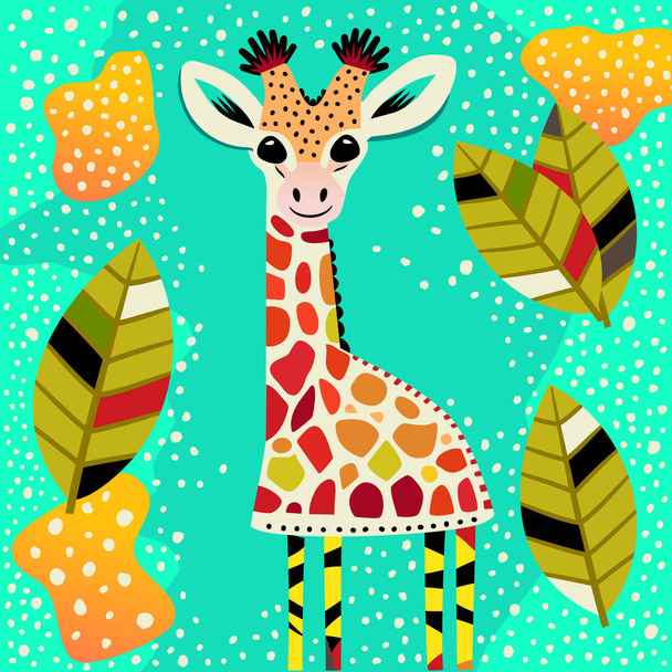 A cute and colorful vector illustration of a jungle giraffe in the wild created in a whimsical style. - Вектор, зображення