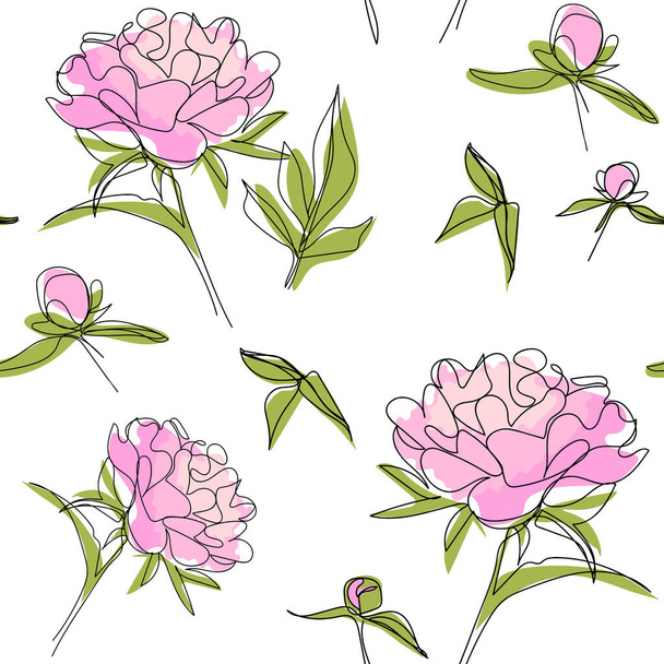 Pink peonies on white background. Beautiful flower seamless pattern for design wallpaper, fabric, wrapping, textile. Vector illustration. - Вектор, зображення