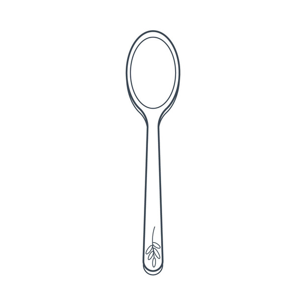 Dishes. A teaspoon with a floral ornament on the handle. Line art. Vector illustration isolated on white background. - Vector, Image