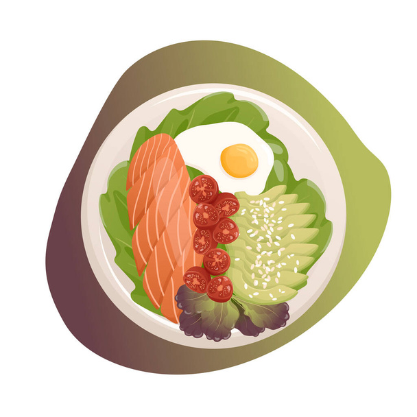 Plate with scrambled eggs, avocado, salmon, tomatoes and salad leaves. Healthy eating, nutrition, diet, cooking, breakfast menu, fresh food concept. Vector illustration for banner, menu, poster. - Vektör, Görsel