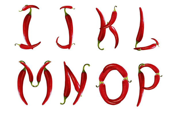 Edible alphabet made from hot, chili peppers. Letters I, J, K, L, M, N, O, P isolated on white background - Photo, Image