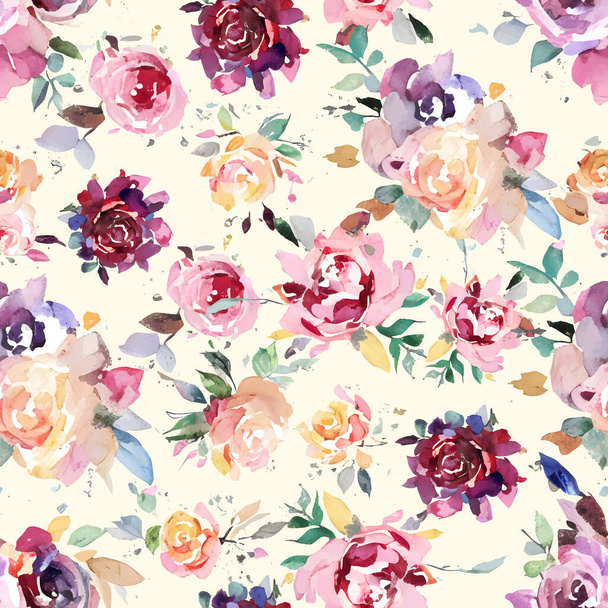 Seamless summer pattern with watercolor flowers vintage roses. Vector illustration - Vector, Image