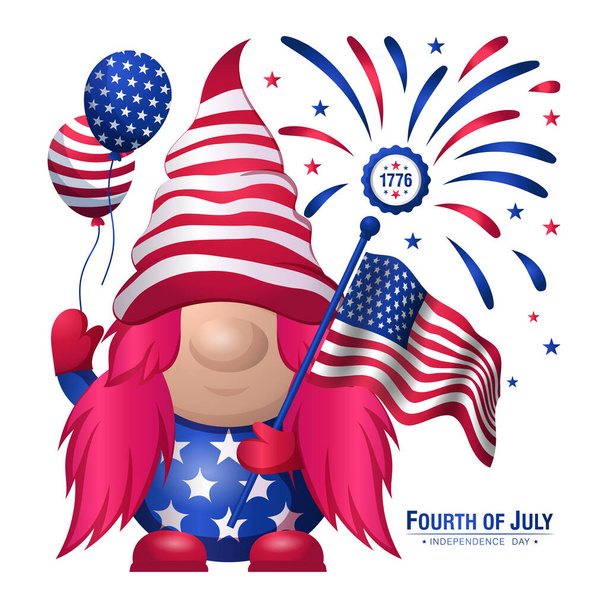 Ragazza gnomi carino che tiene palloncini e bandiera americana, Celebrazione del 4 luglio  - Vettoriali, immagini
