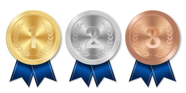 Golden silver and bronze award sport medal with blue ribbons and numbers - Vector, imagen