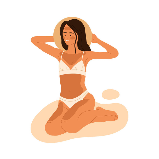 Woman with sunburn. Girl with sunstroke. Sun tanning, UV exposure. Body skin care and protection. Vector illustration in cartoon style. Isolated white background - Vecteur, image
