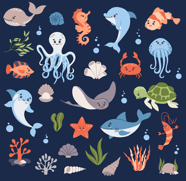 Set of underwater animals - octopus whale turtle dolphin jellyfish crab shrimp seahorse stingray shark sea-plants and corals. Cute background with cartoon characters. Vector illustration - Vector, afbeelding